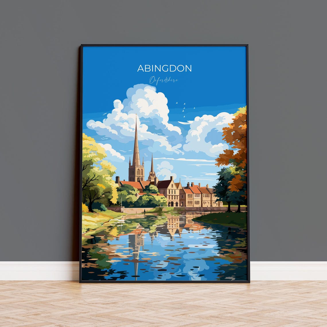 Abingdon Oxfordshire Spire Reflection Autumn Riverside Travel Poster