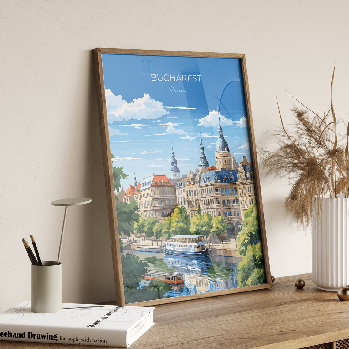 Bucharest Romania Old Town Summer River Boat Vintage Travel Poster - Image 2