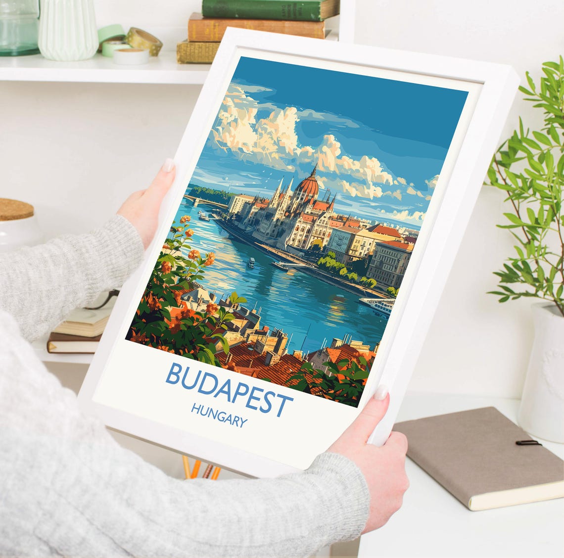 Budapest Parliament Riverside Promenade White Border Travel Poster - Image 3
