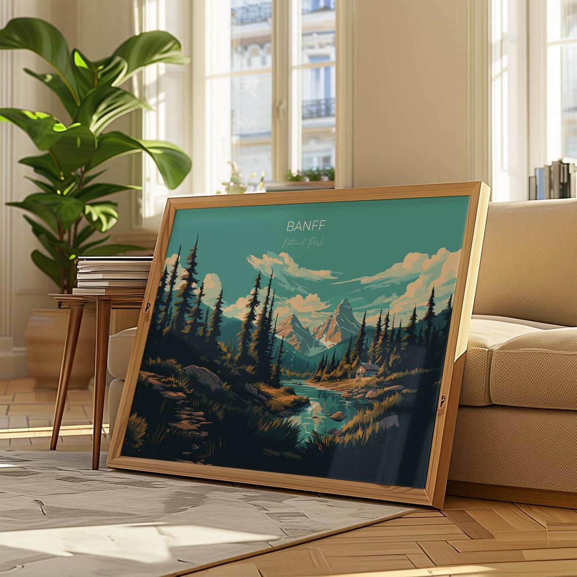 Vintage Banff National Park Mountain Lake Cabin Travel Poster - Image 2