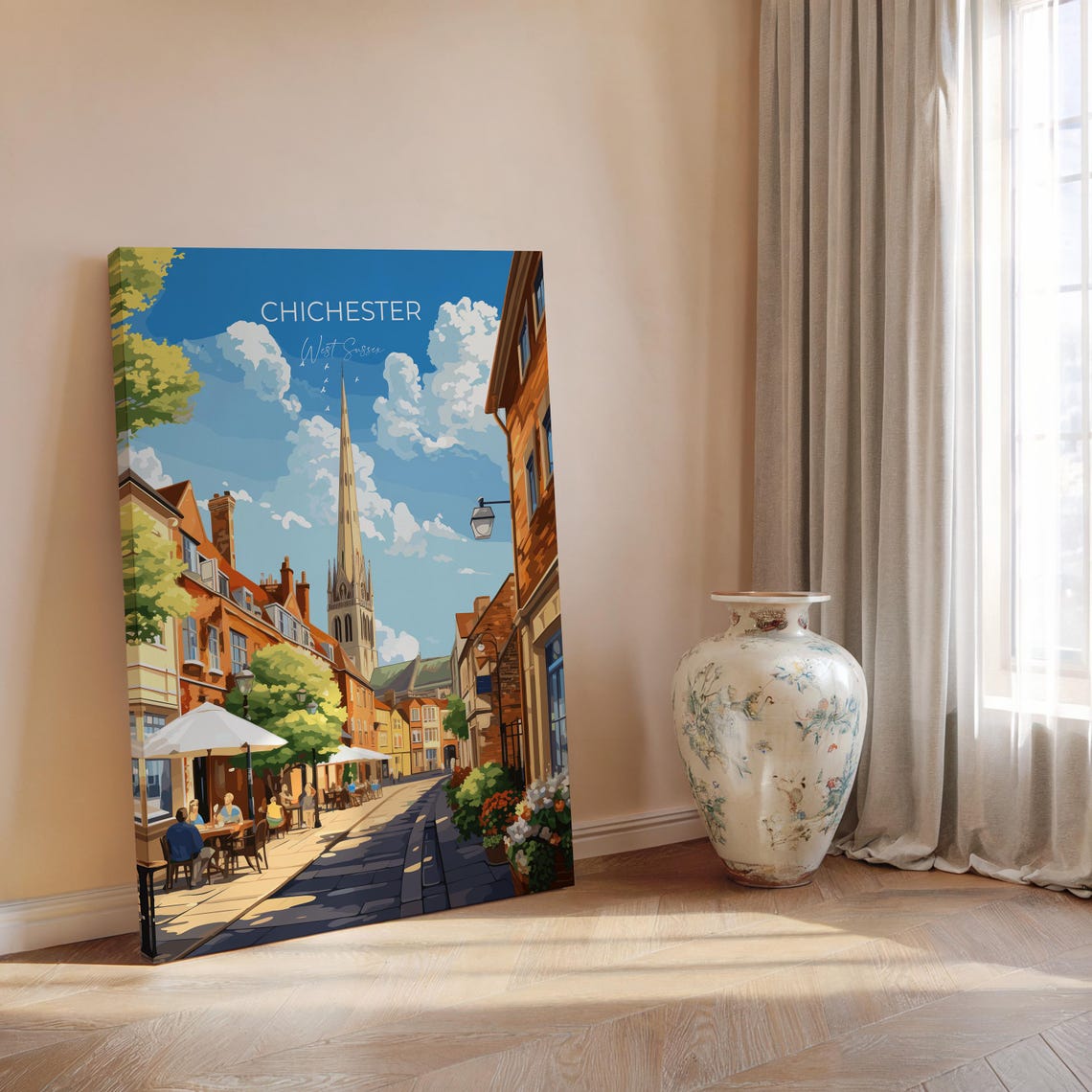 Chichester Cathedral Spire Cobbled Street Cafes Travel Poster - Image 2