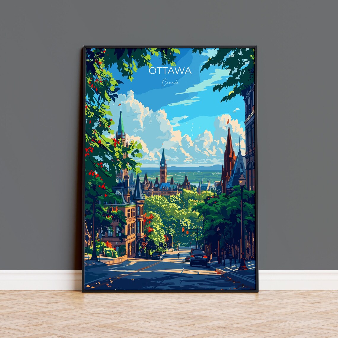 Ottawa Canada Parliament Buildings Street View Vintage Travel Poster