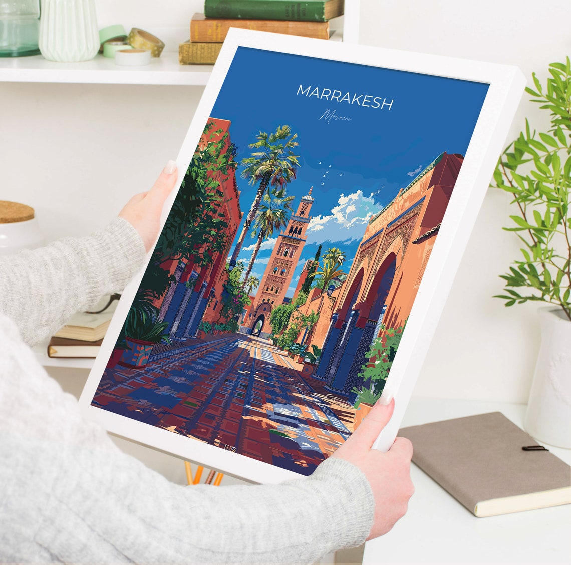 Marrakesh Morocco Tiled Alleyway Minaret Blue Accents Travel Poster - Image 3