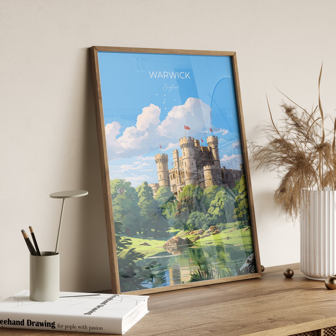 Warwick England Castle Towers Riverside Green Trees Travel Poster - Image 2