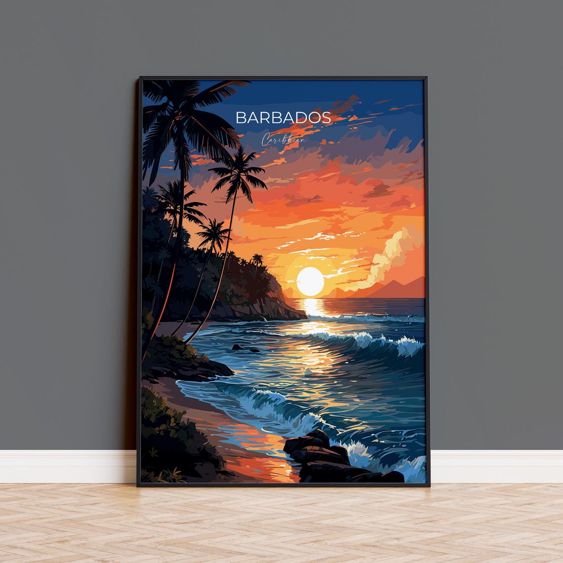 Barbados Caribbean Sunset Beach Palm Silhouette Travel Poster