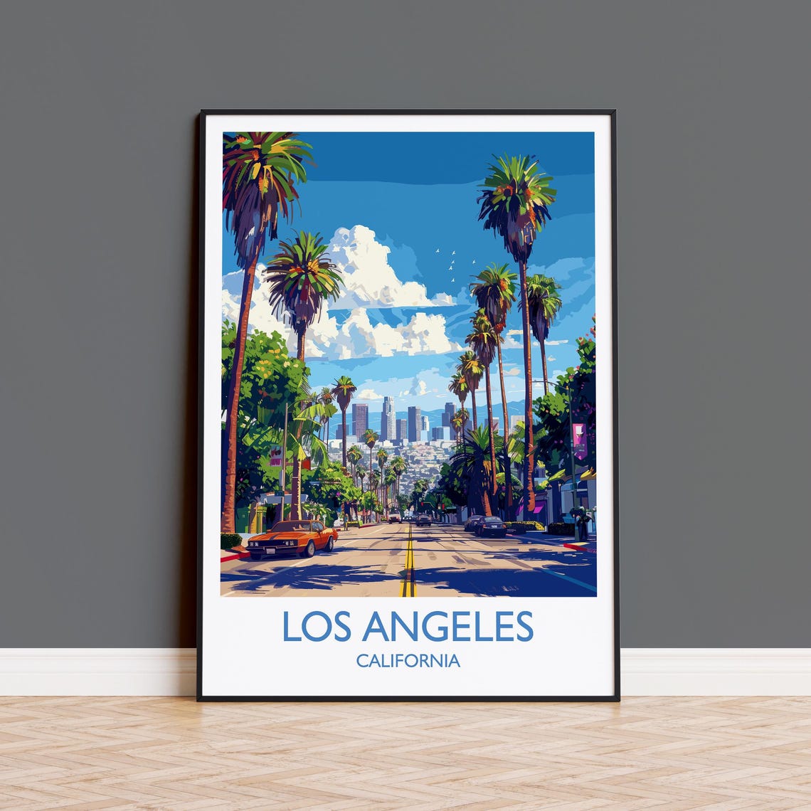 Los Angeles Palm Lined Avenue Downtown White Border Travel Poster