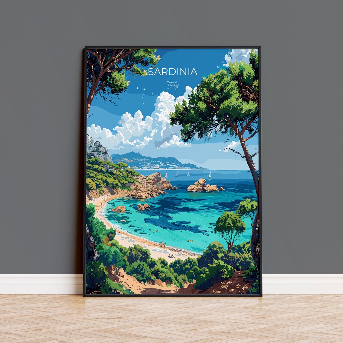 Sardinia Italy Pine Framed Turquoise Cove Sailboats Travel Poster