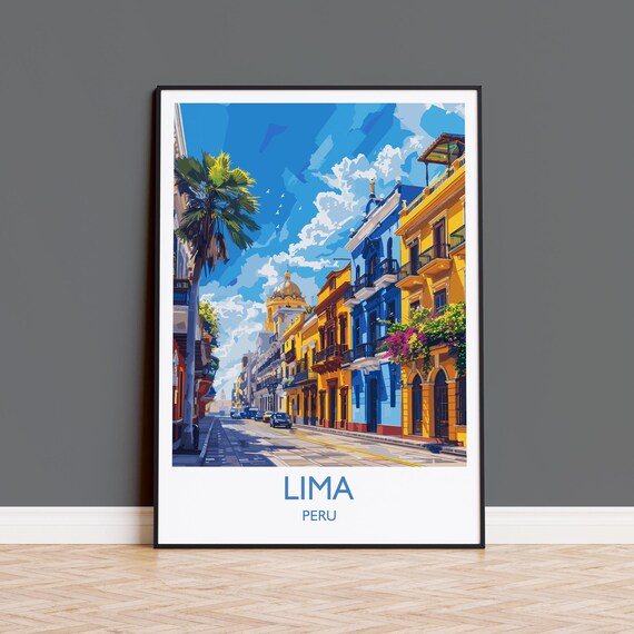 Lima Peru Colorful Colonial Street Buildings Travel Poster With Title Below