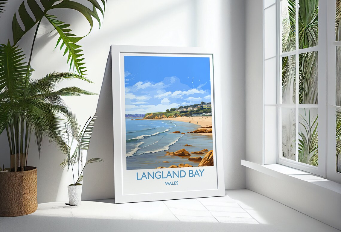 Langland Bay Wales Travel Poster Rocky Coast Surf Ocean Scene - Image 3
