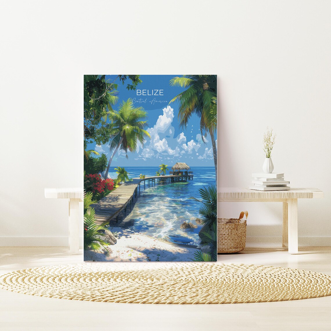 Belize Tropical Beach Pier Palapa Hut Over Clear Water Travel Poster - Image 2