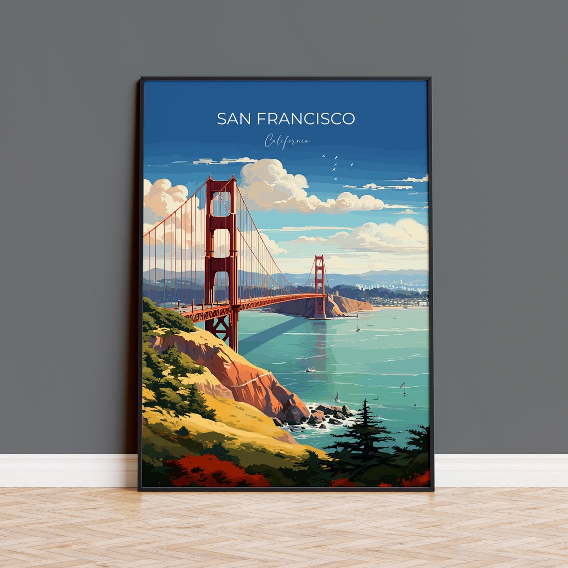 San Francisco California Golden Gate Bridge Sky Clouds Travel Poster