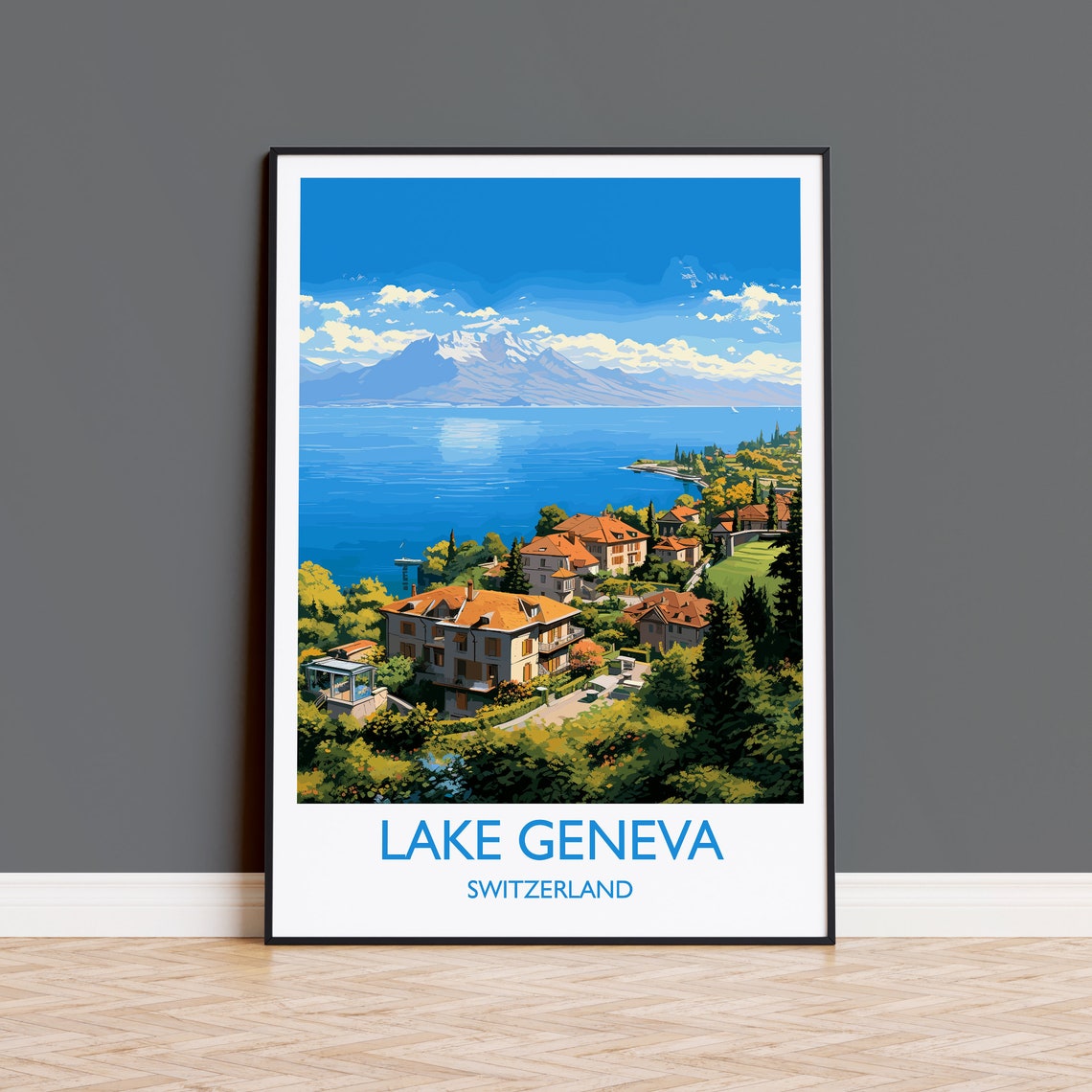 Lake Geneva Travel Print Travel Poster Of Lake Geneva Lake Geneva Art Print Switzerland Wall Print Geneva Gift Lake Geneva Artwork