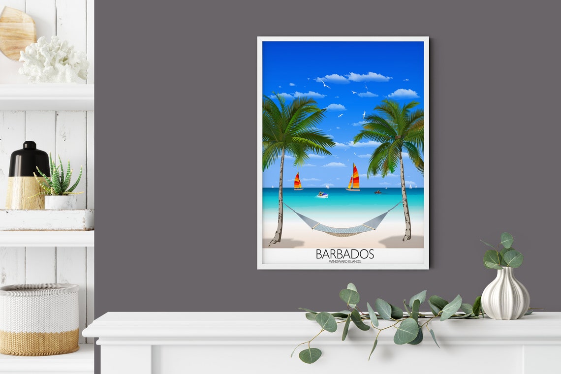 Barbados Windward Islands Beach Travel Poster Hammock Palm Trees - Image 2