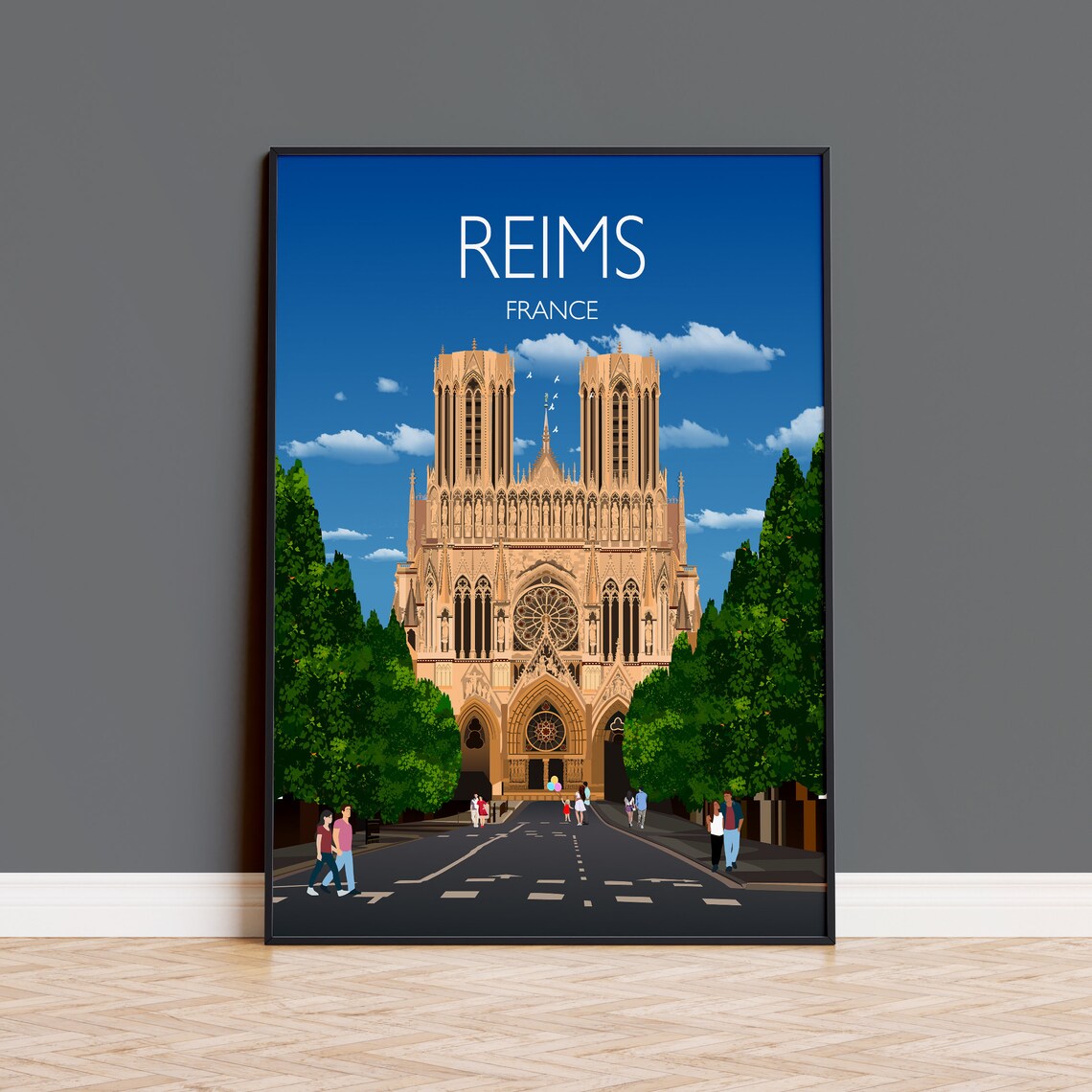 Reims France Gothic Cathedral Twin Towers Historic Travel Poster