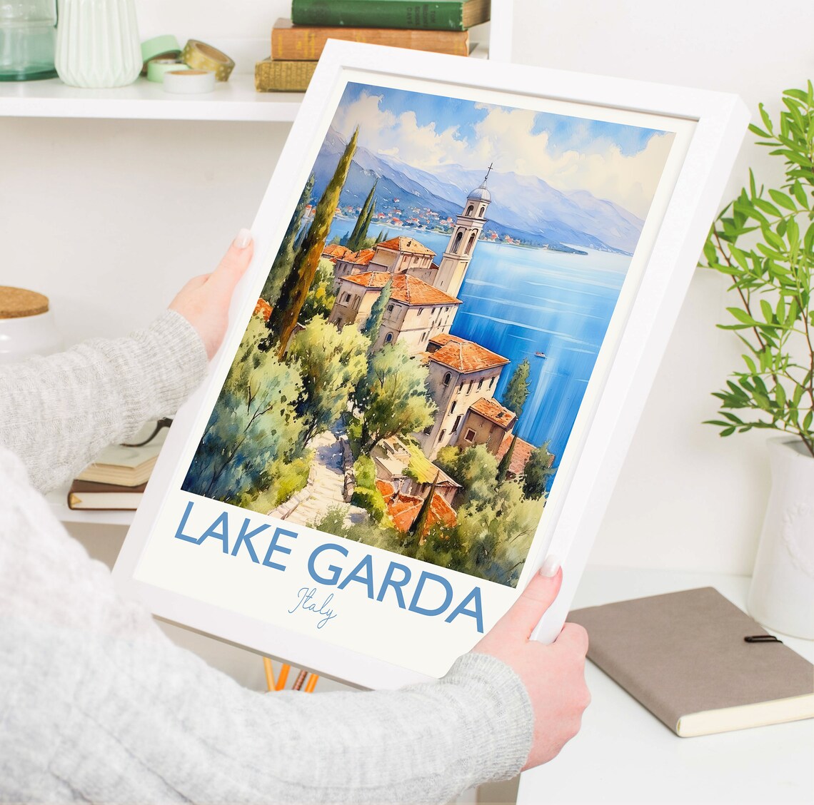 Lake Garda Italy Hillside Bell Tower Olive Grove Watercolor Poster - Image 5