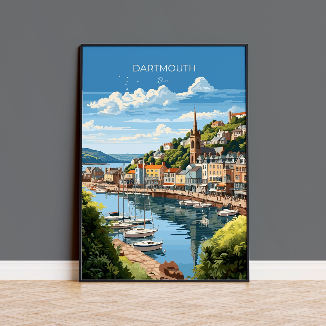 Dartmouth Devon Colorful Harbor Town And Church Travel Poster