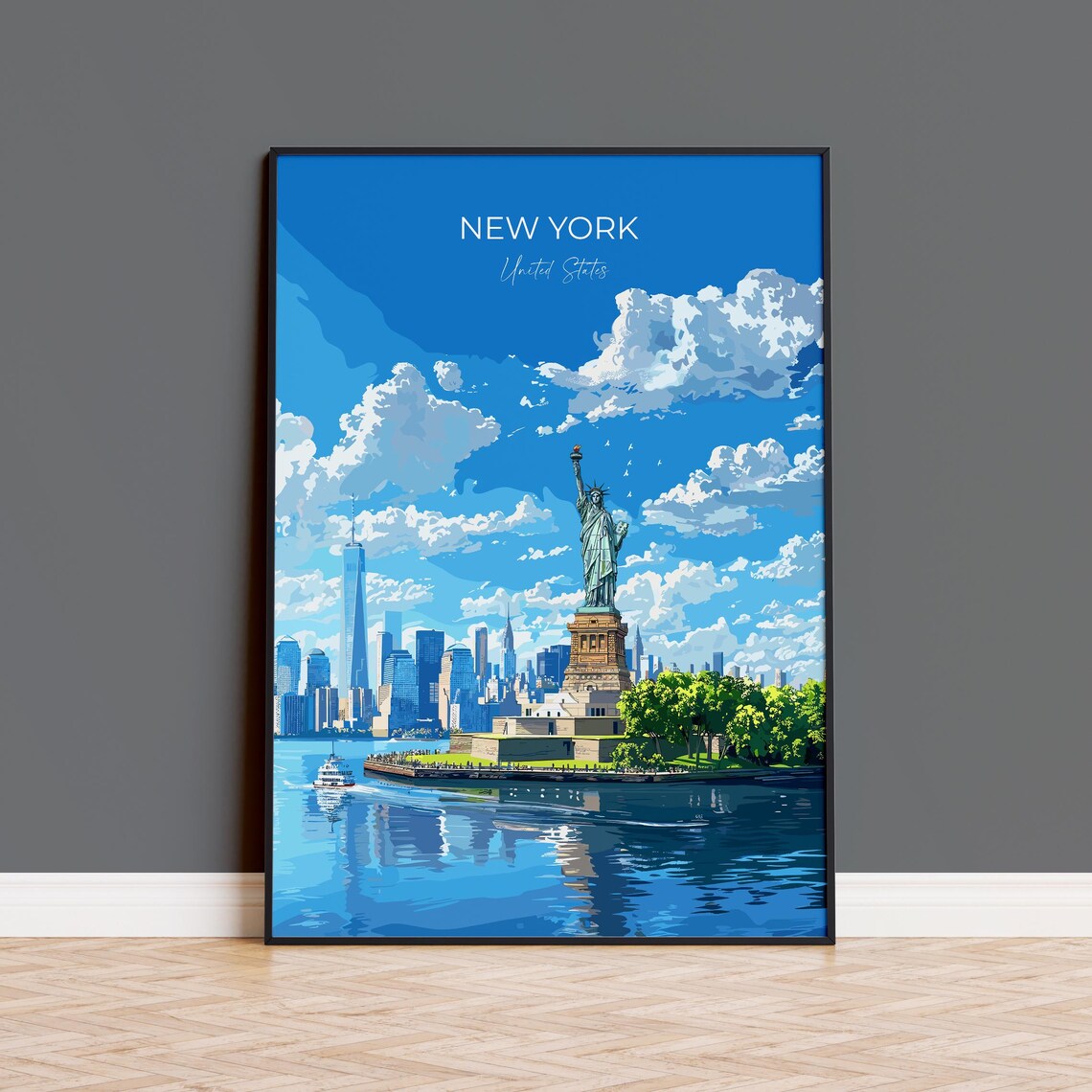 New York Travel Poster, Manhattan Statue of Liberty