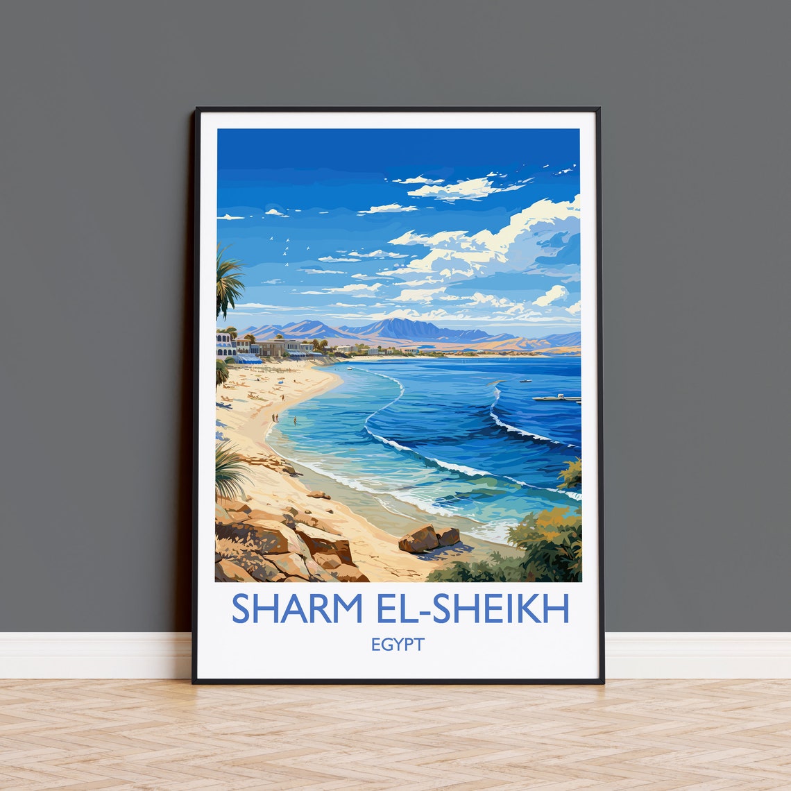 Sharm El Sheikh Egypt Beach Panorama White Border Travel Poster