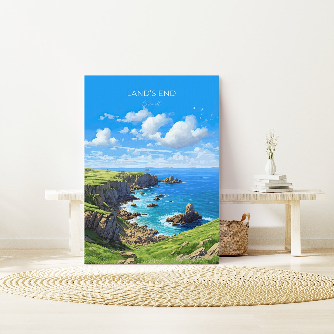 Land's End Cornwall Coastal Cliffs Beach Huts Blue Sky Travel Poster - Image 3