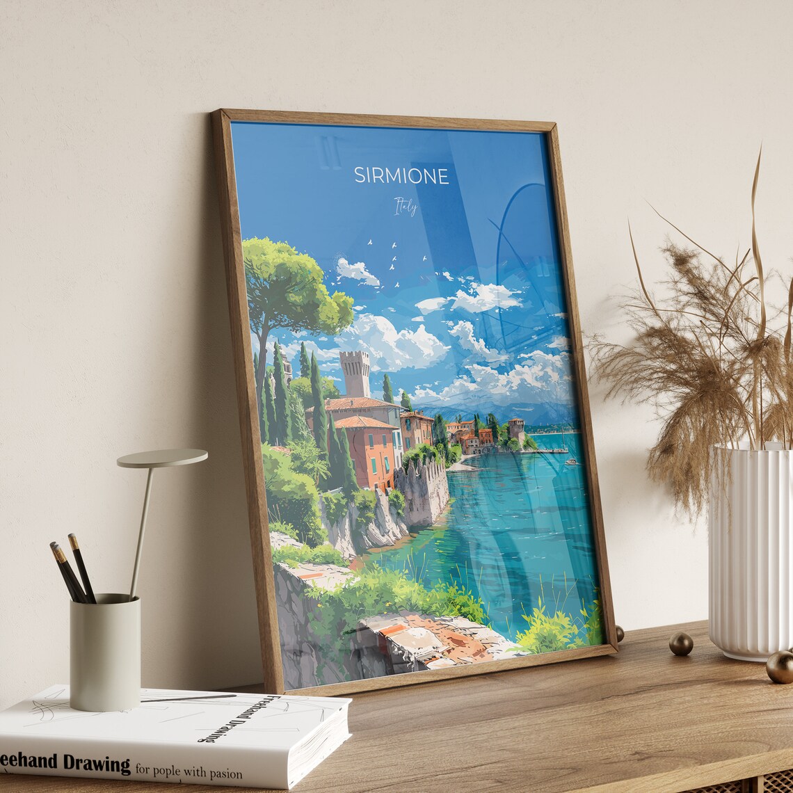 Sirmione Italy Lake Garda Castle Vintage Blue Sky Travel Poster - Image 2