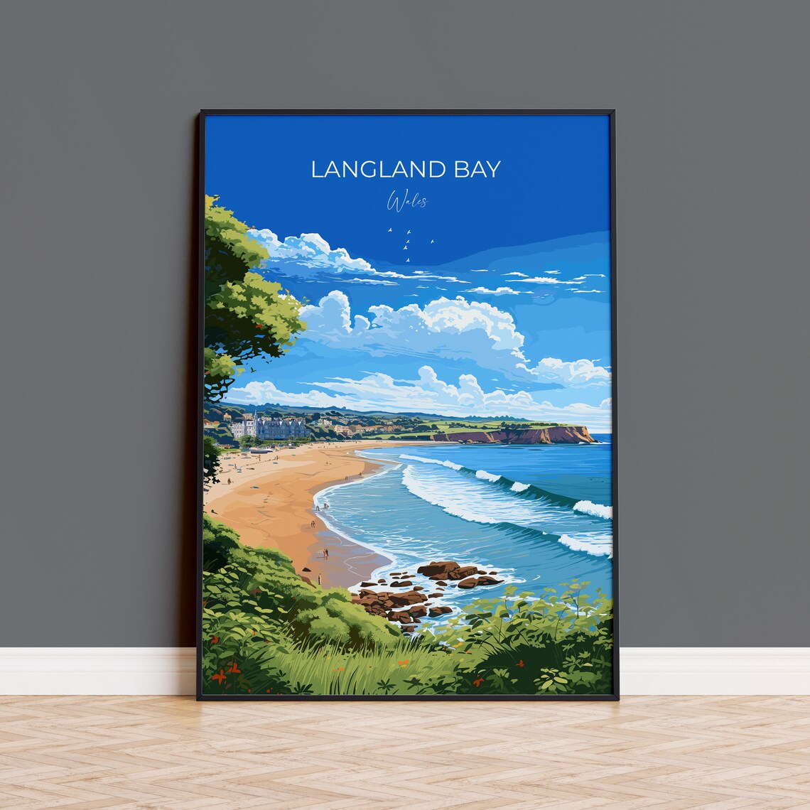 Langland Bay Wales Travel Poster Blue Sky Beach Waves Vintage Style