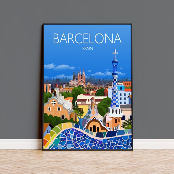 Barcelona Travel Poster, Barcelona Cityscape Art Print