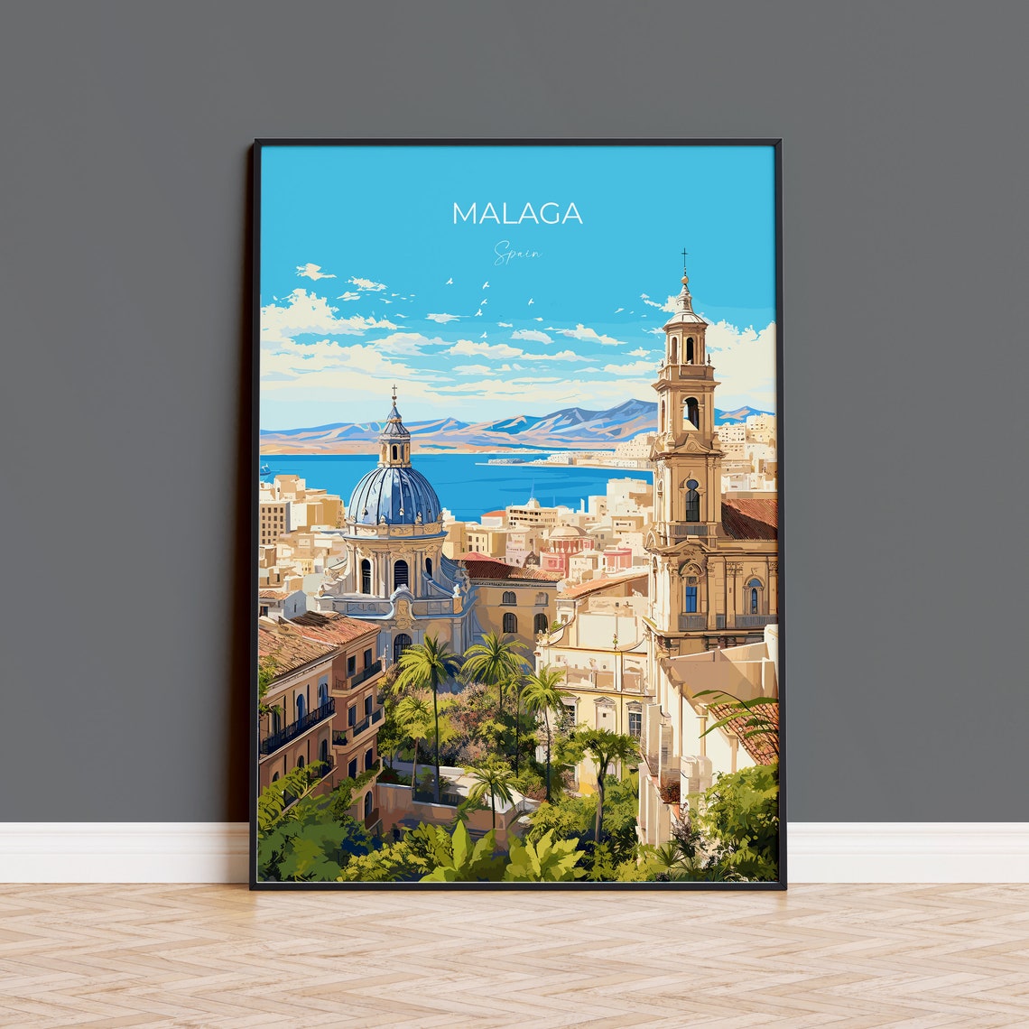 Malaga Spain City Cathedral Dome Bell Tower Over the Sea Travel Poster