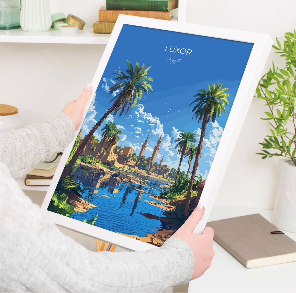 Luxor Egypt Nile River Palms Golden Temples Blue Sky Travel Poster - Image 3