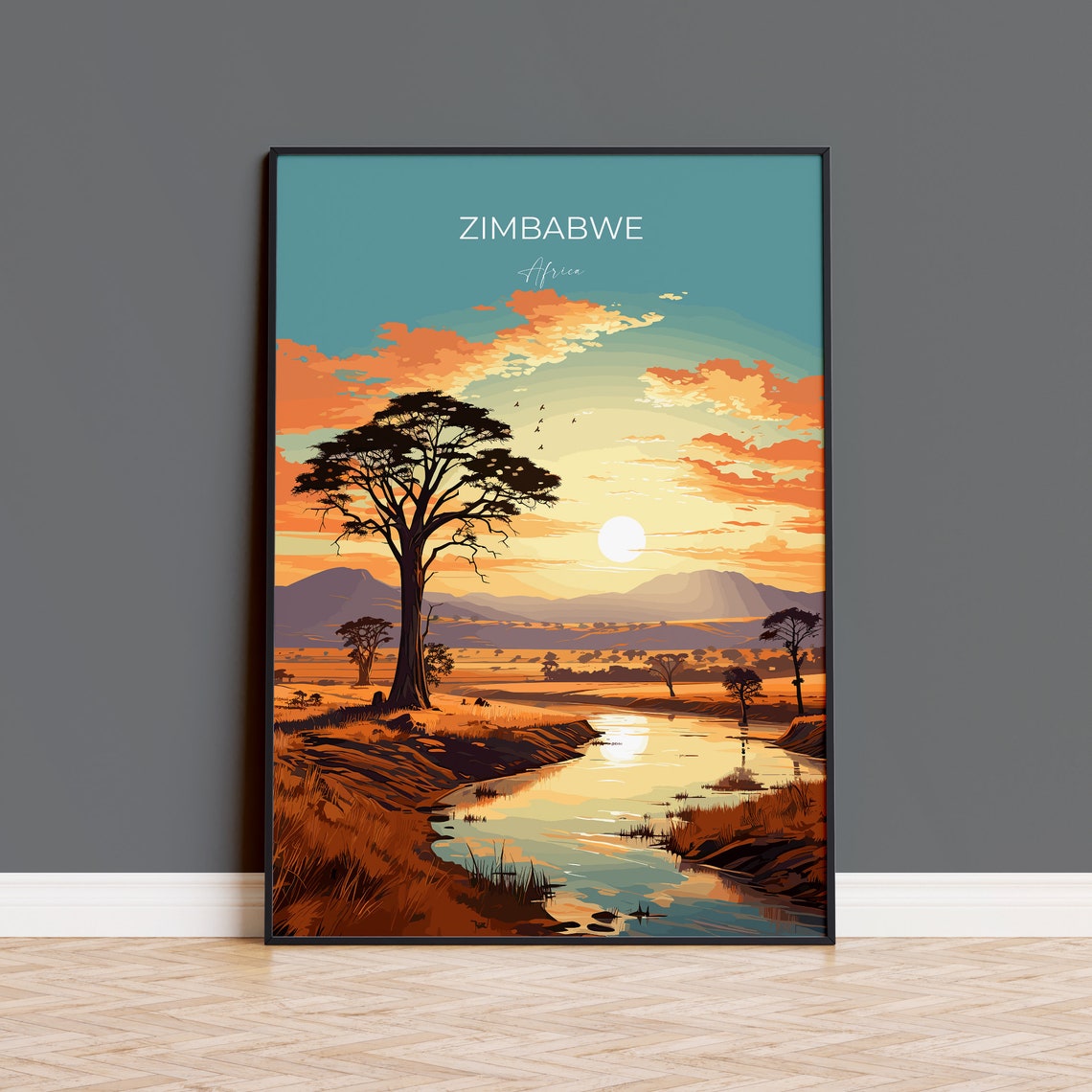 Zimbabwe Travel Poster Wall Art Travel Poster Of Zimbabwe Sunset Zimbabwe Gift Zimbabwe Travel Art Africa Art Lovers Gift