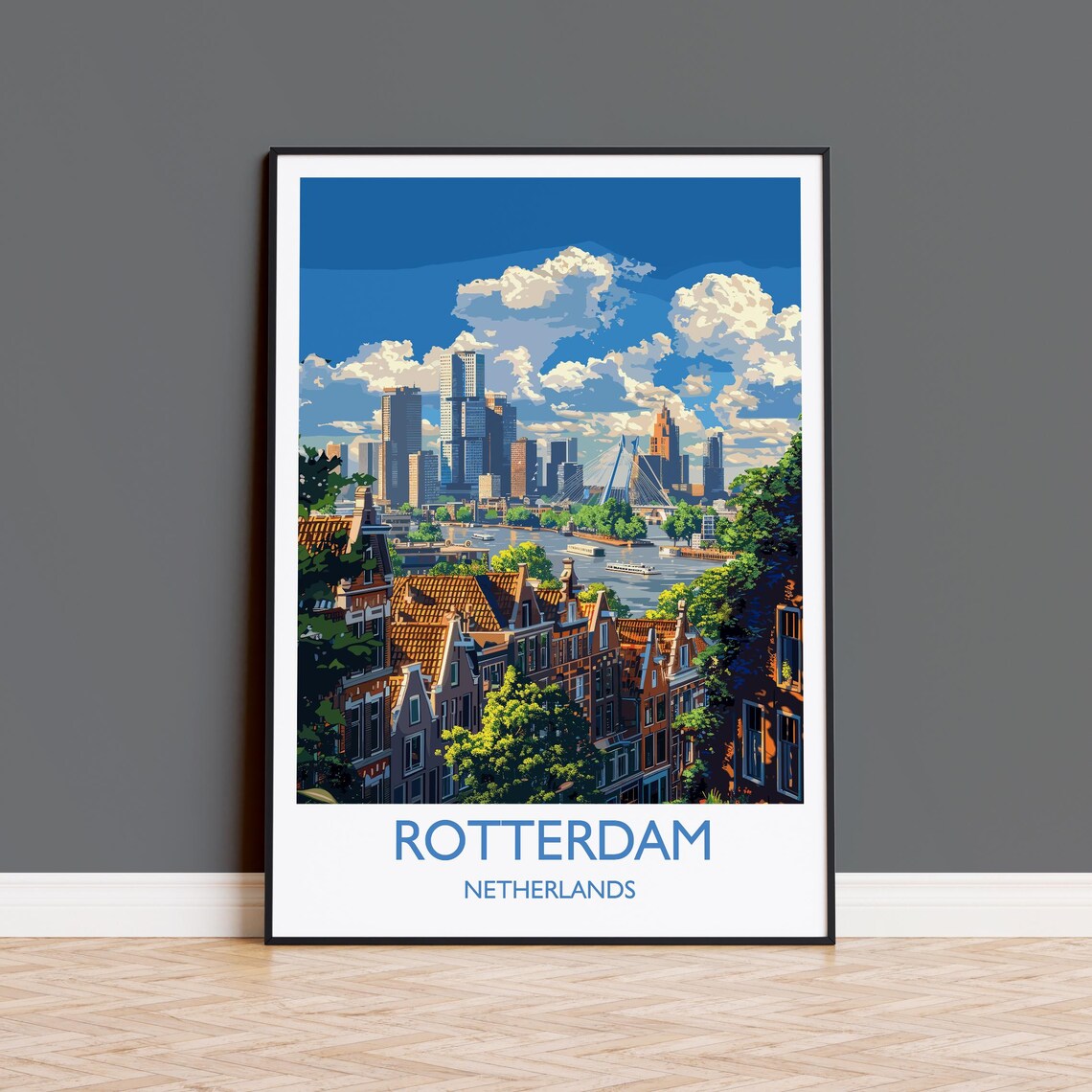 Rotterdam Netherlands Harbor Skyline Travel Poster With Caption