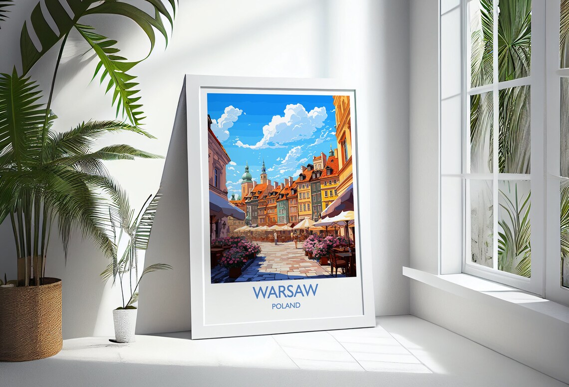 Warsaw Poland Travel Poster Old Town Square Market Street Scene - Image 3