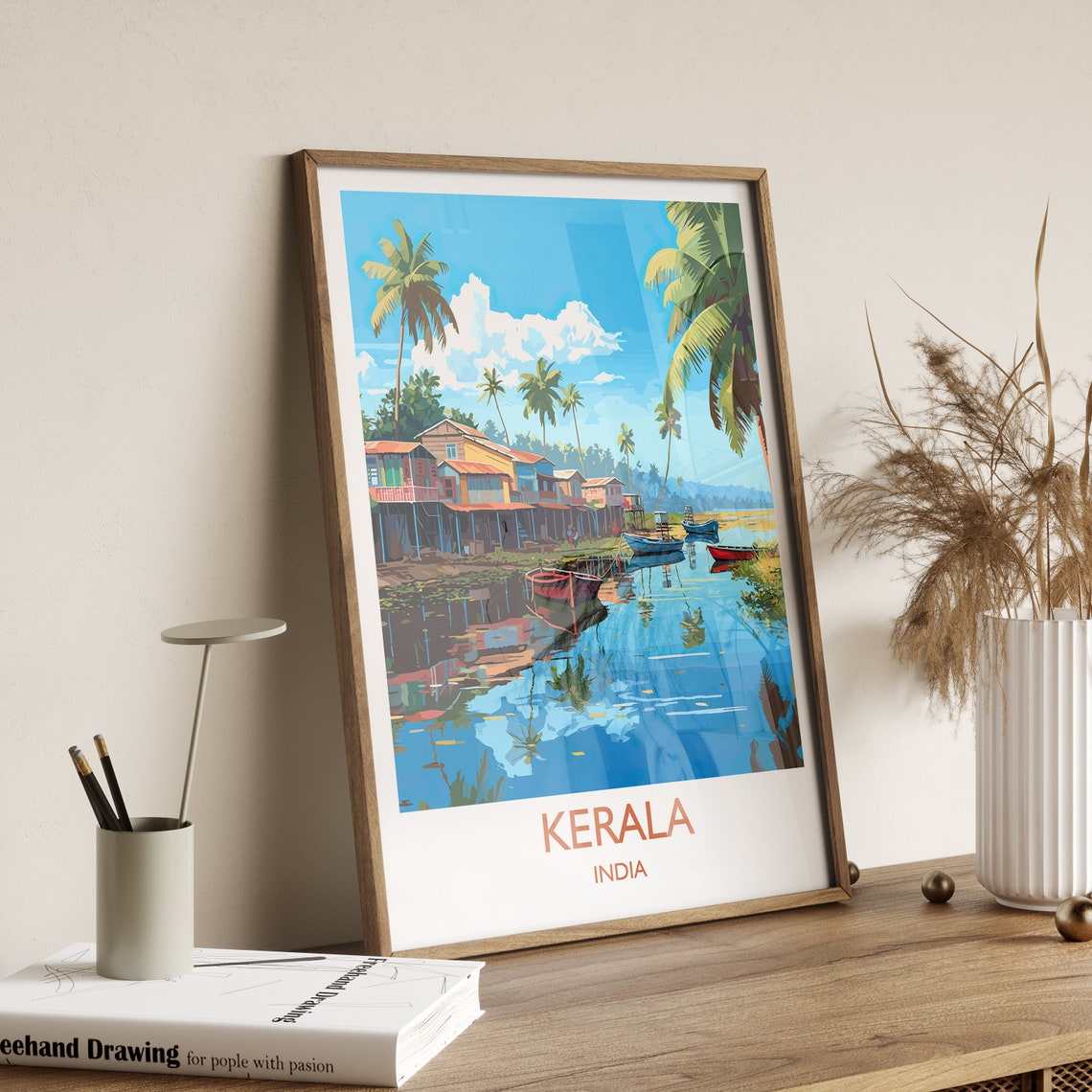 Kerala India Backwater Boats Palms Stilt Houses Tropical Travel Poster - Image 3