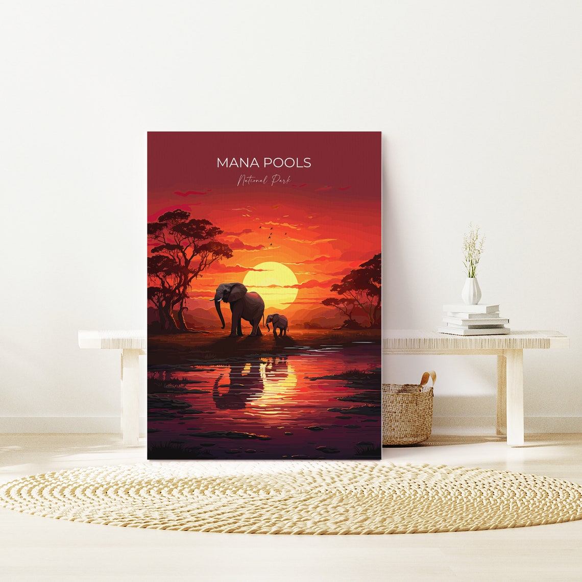 Mana Pools National Park Elephant Sunset Waterhole Art Poster - Image 2