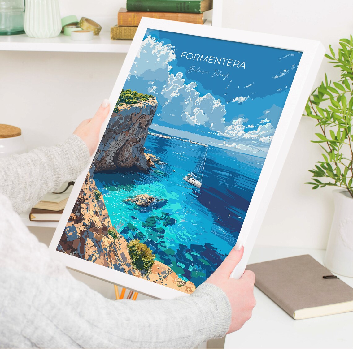 Formentera Balearic Islands Rocky Cove Sailboat View Travel Poster - Image 3