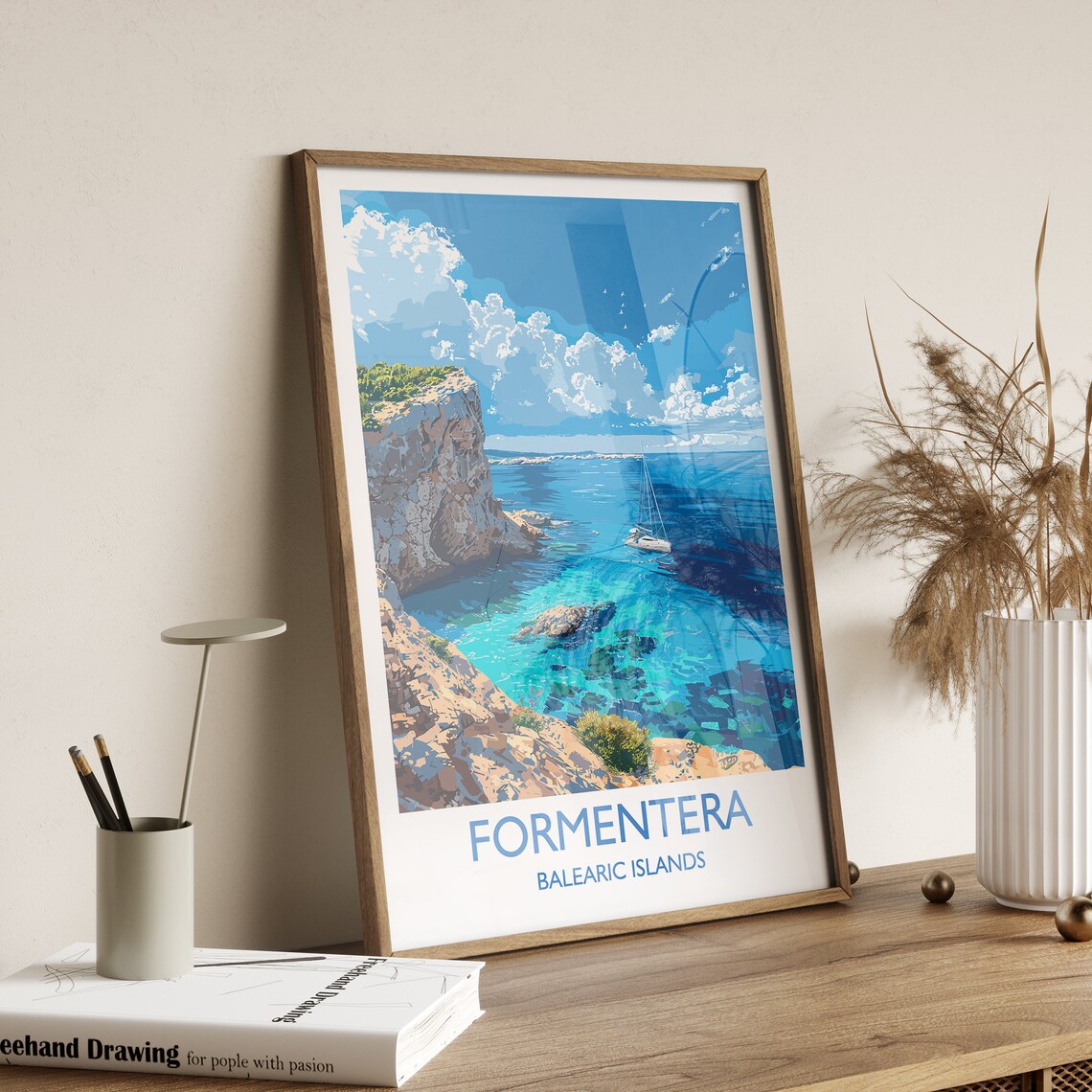 Formentera Balearic Islands Sailboat Cove White Border Poster - Image 2