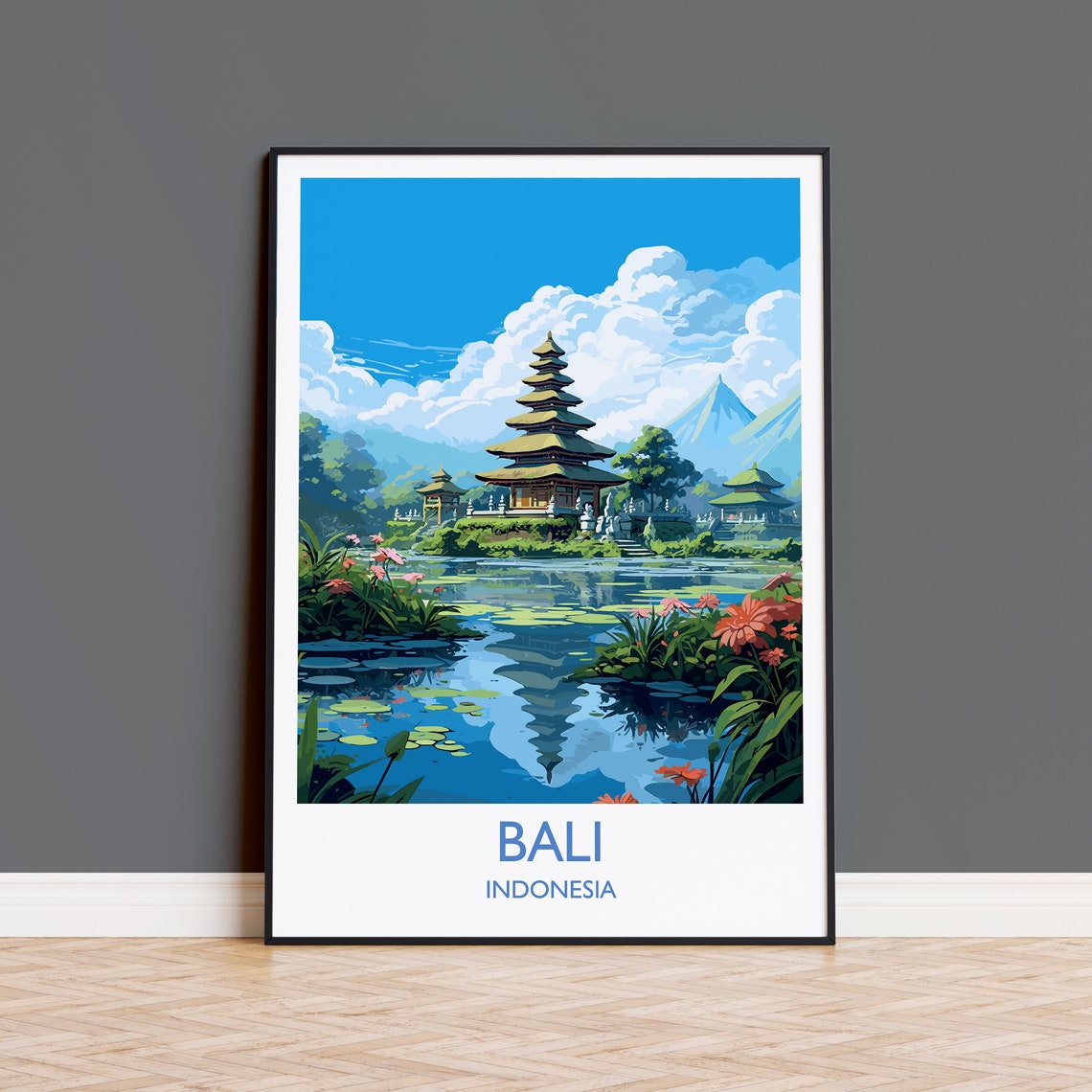Bali Temple Lake Reflection Indonesia Tropical Garden Poster