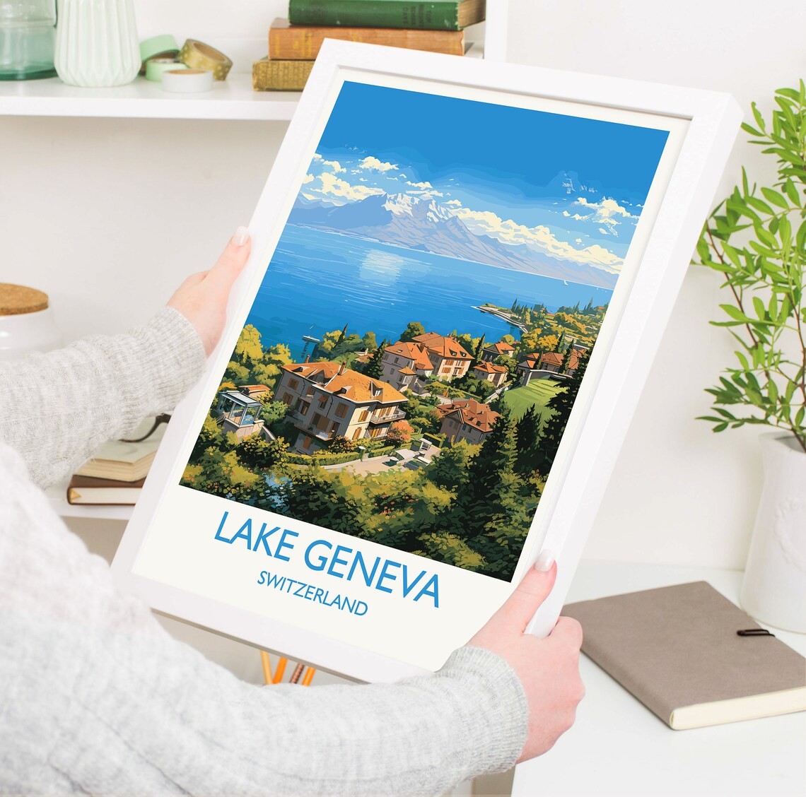 Lake Geneva Lakeside Villas Switzerland Alpine Travel Poster - Image 5