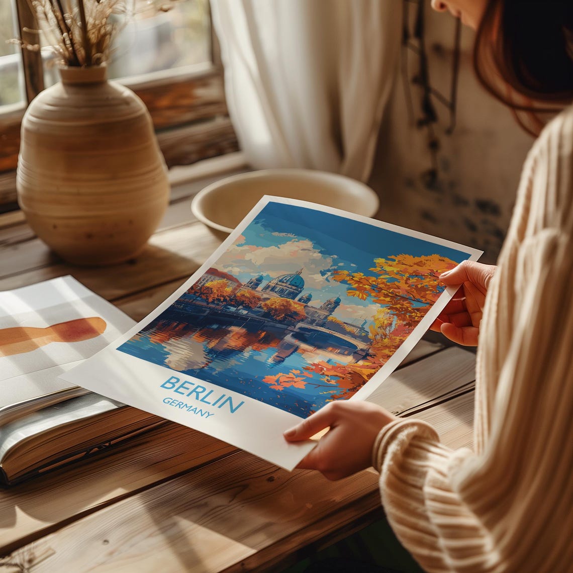 Berlin Cathedral Autumn River Reflection Travel Poster Bordered - Image 2