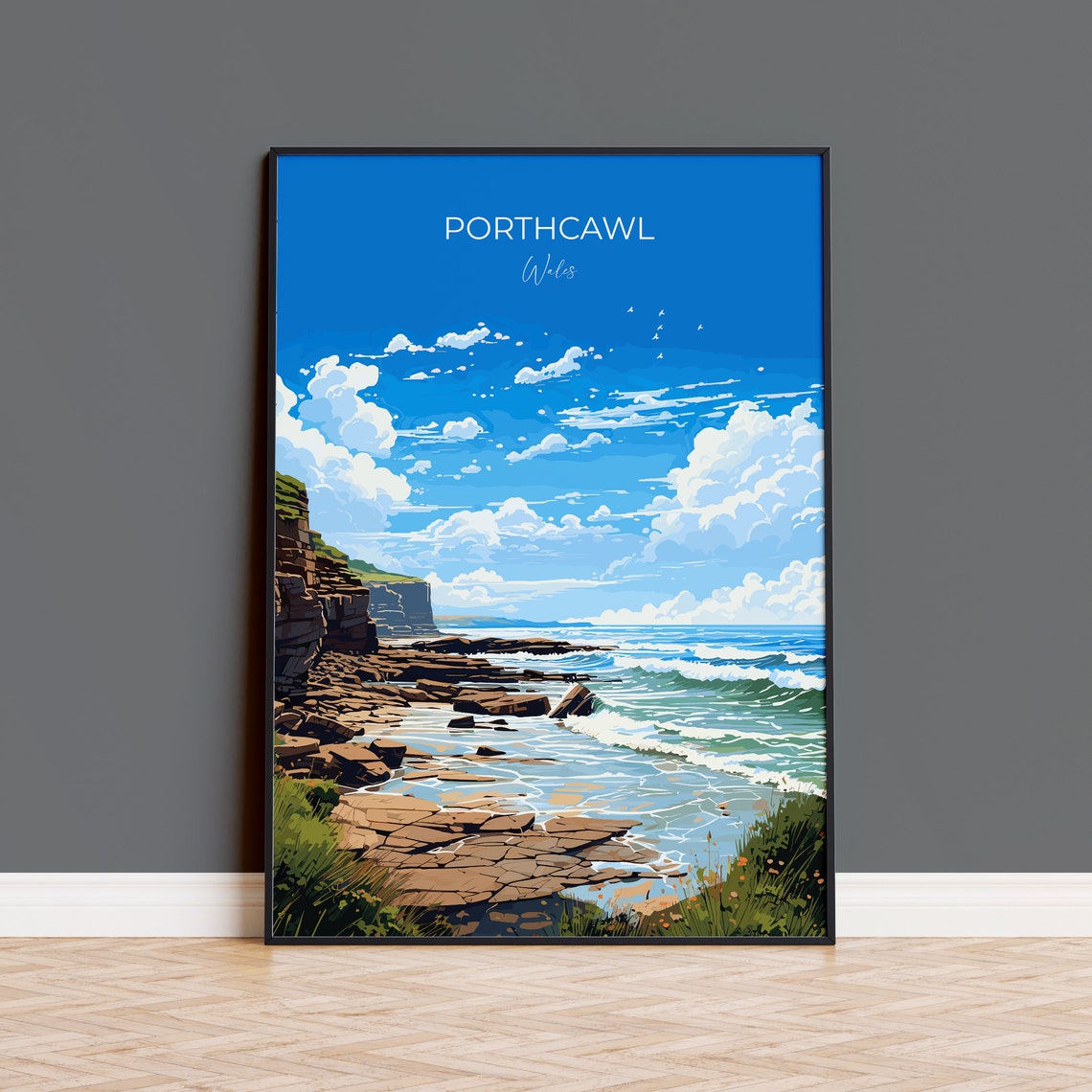 Porthcawl Wales Rugged Shore Cliffs Crashing Waves Seascape Poster