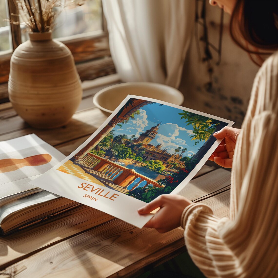 Seville Plaza de Espana Canal Palms Classic Travel Banner Poster - Image 2