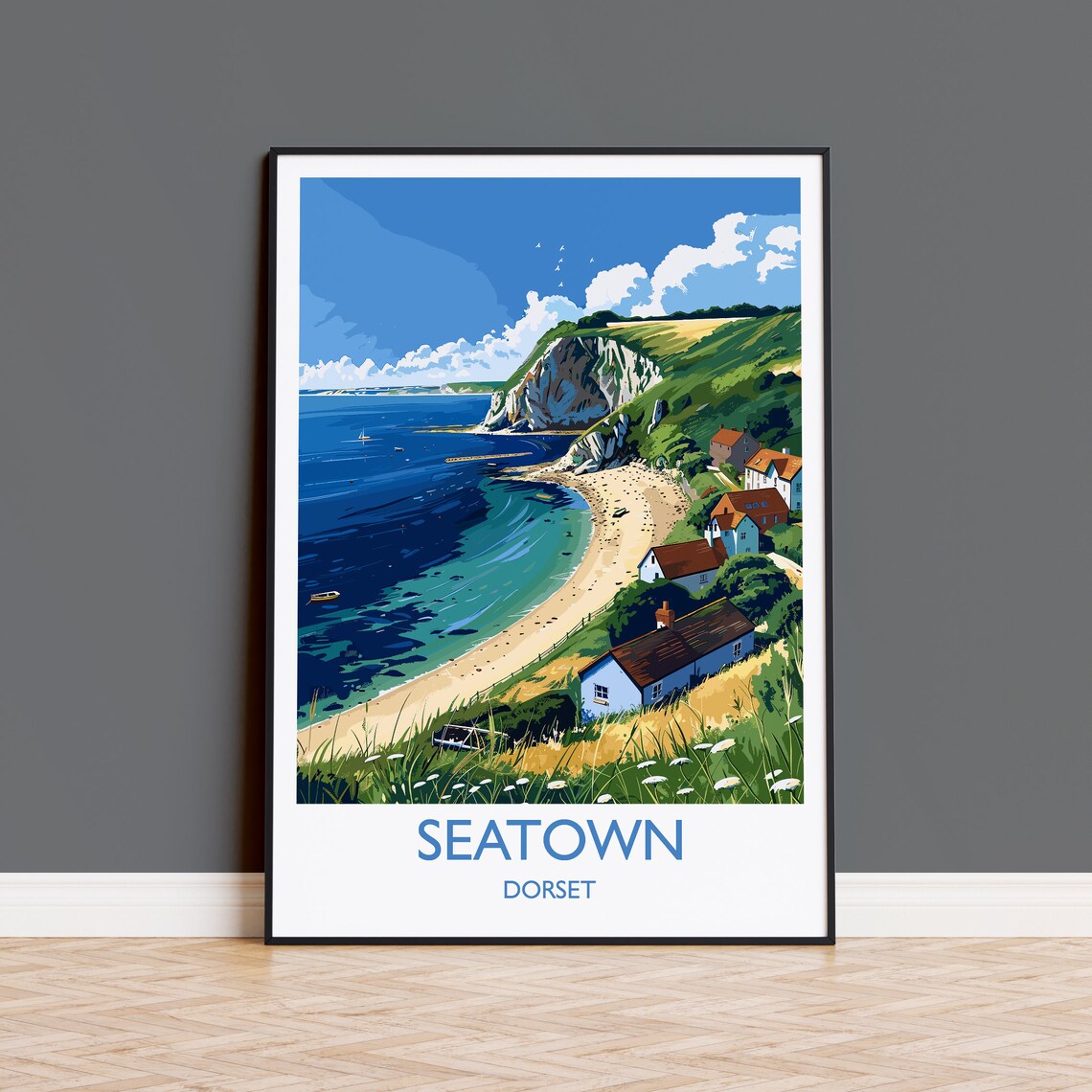 Seatown Dorset Seaside Cove Cottages White Border Travel Poster