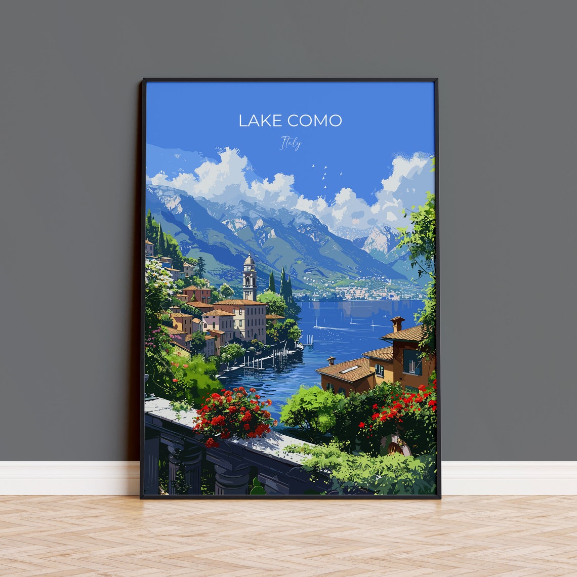 Lake Como Italy Bell Tower Harbour Mountains View Summer Poster