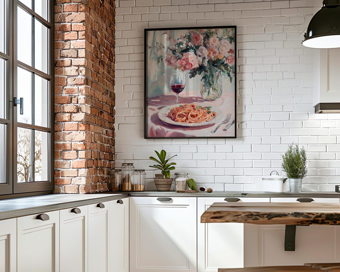 Spaghetti Wine Glass Roses Watercolor Italian Kitchen Table Poster - Image 7