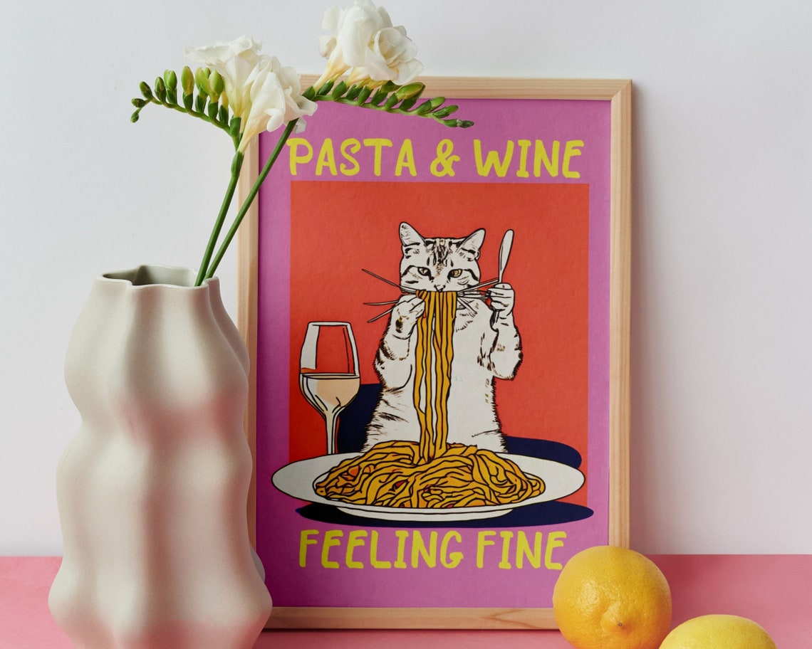 Pasta and Wine Feeling Fine Cat Spaghetti Fun Kitchen Art Poster - Image 7