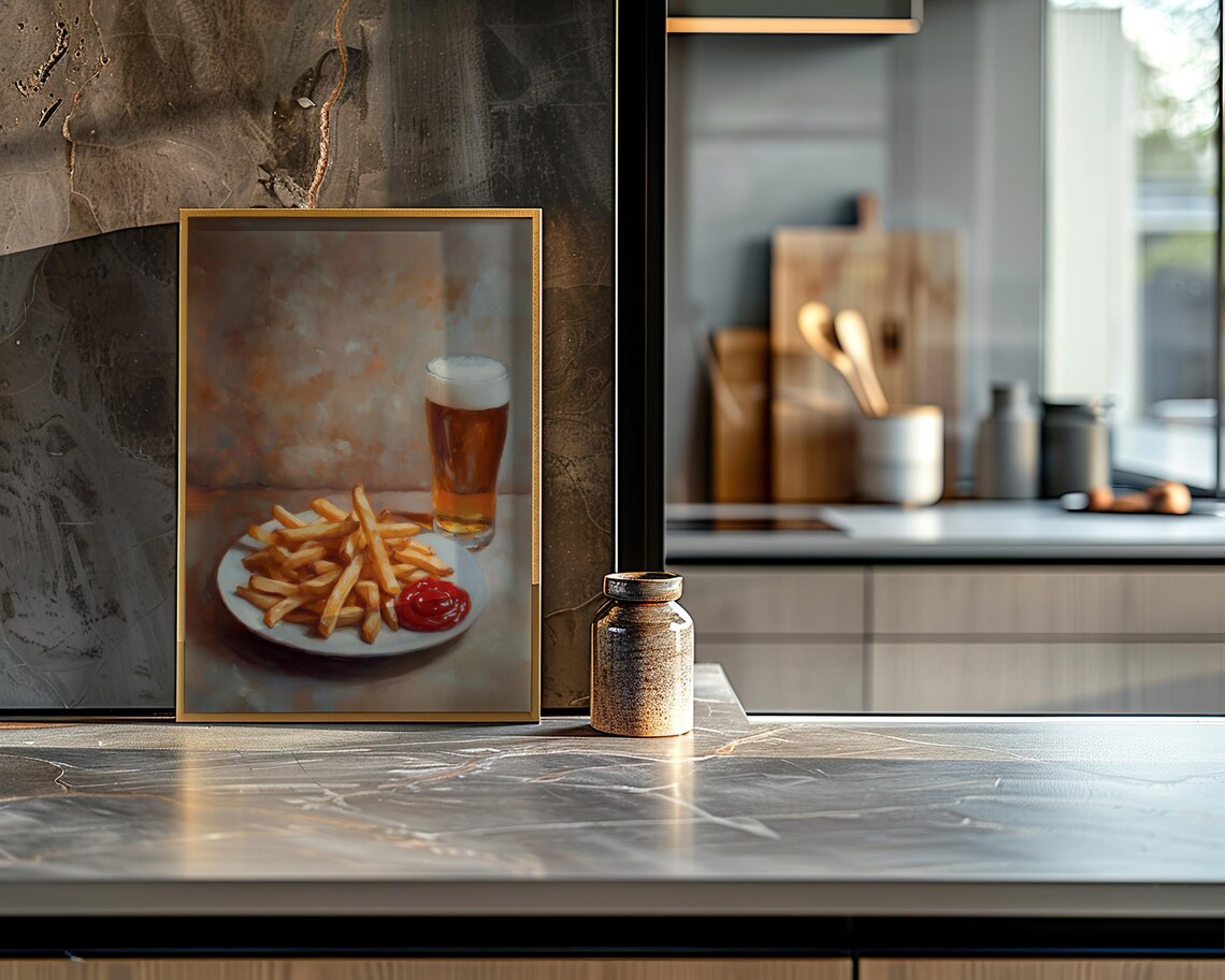 French Fries Beer Ketchup Oil Painting Style Food Still Life Poster - Image 2