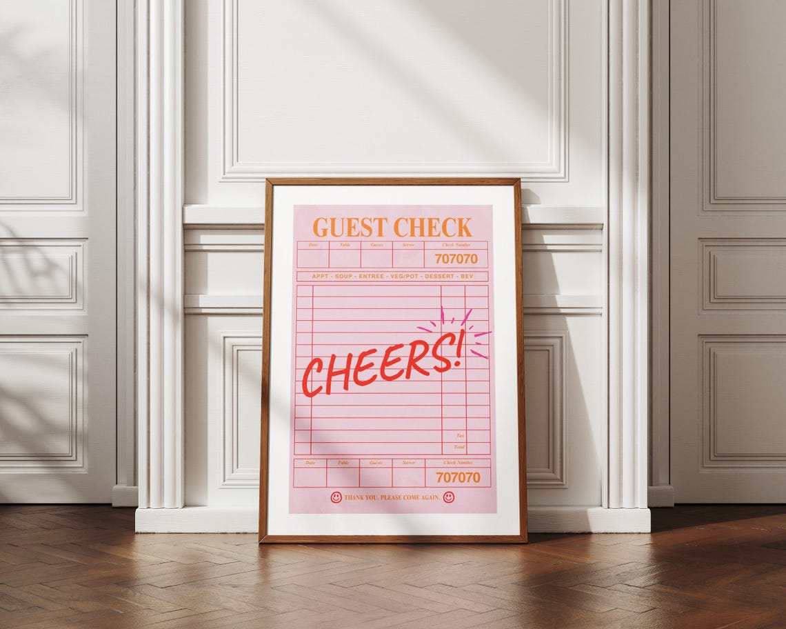 Cheers Guest Check Pink Retro Bar Cart Decor Trendy Party Quote Poster - Image 2