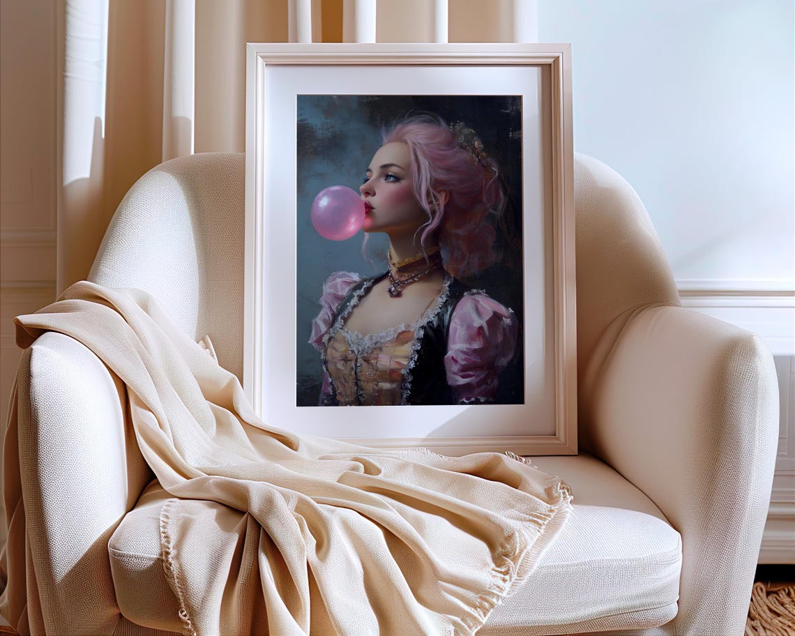 Pink Bubblegum Rococo Lady Oil Painting Style Altered Portrait Poster - Image 3
