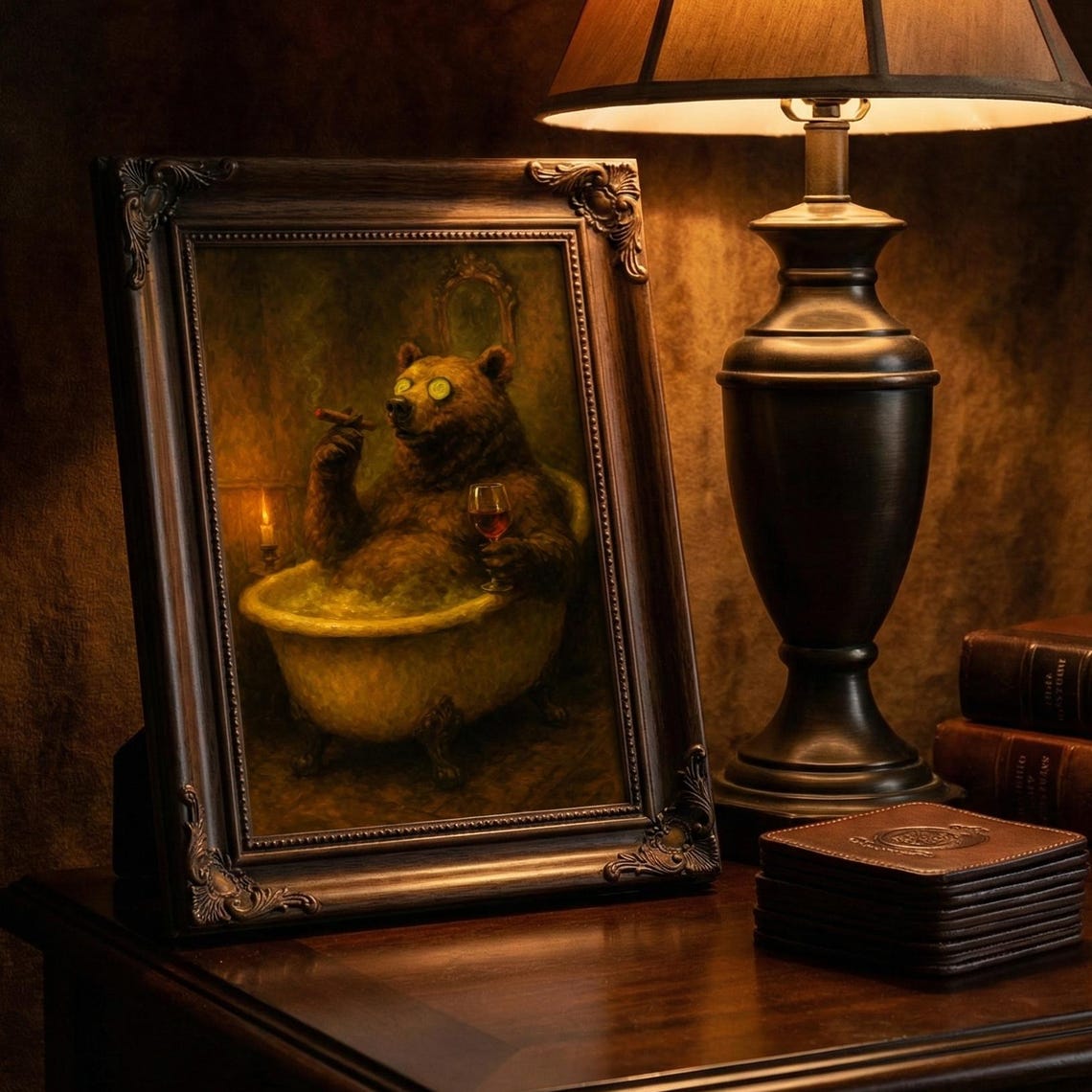 Surreal Bear Bath Art Vintage Dark Academia Wall Poster Quirky Animal Illustration