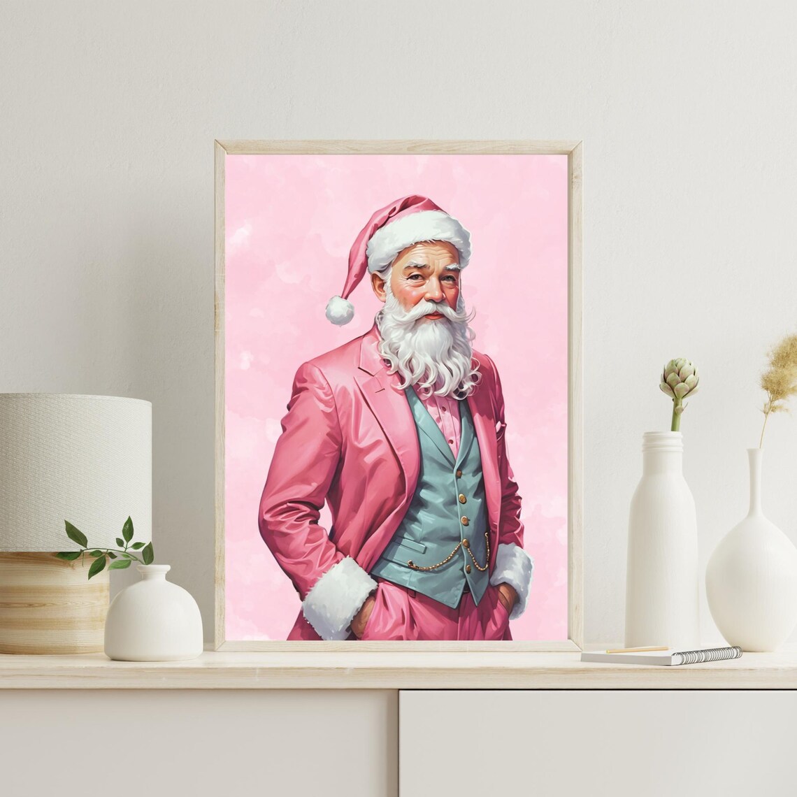 Pink Santa Claus Portrait, Shabby Chic Christmas Art Print - Image 2