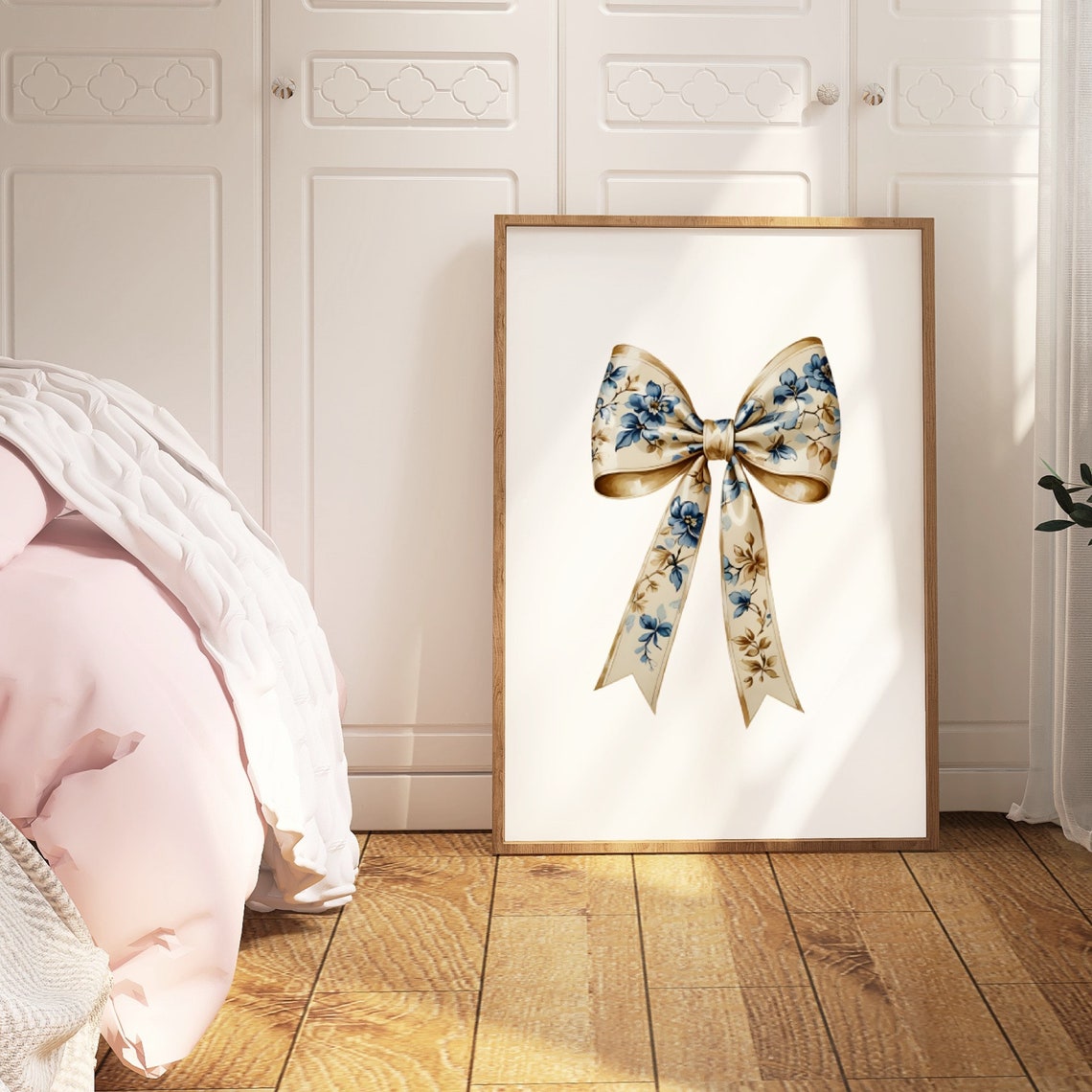 Chinoiserie Floral Bow Cream Ribbon Blue Botanical Art Poster - Image 2